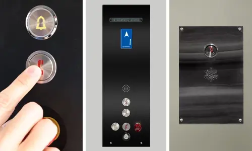 Three elevator control panels shown side‑by‑side, featuring call‑assist buttons, indicator lights, speaker grilles, and key switches to highlight one‑touch alert and communication functions.