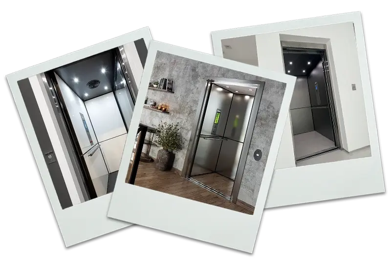 Three home elevator interiors shown in overlapping polaroid‑style frames, each featuring modern stainless‑steel cabs with soft ceiling lighting and clean, contemporary finishes.