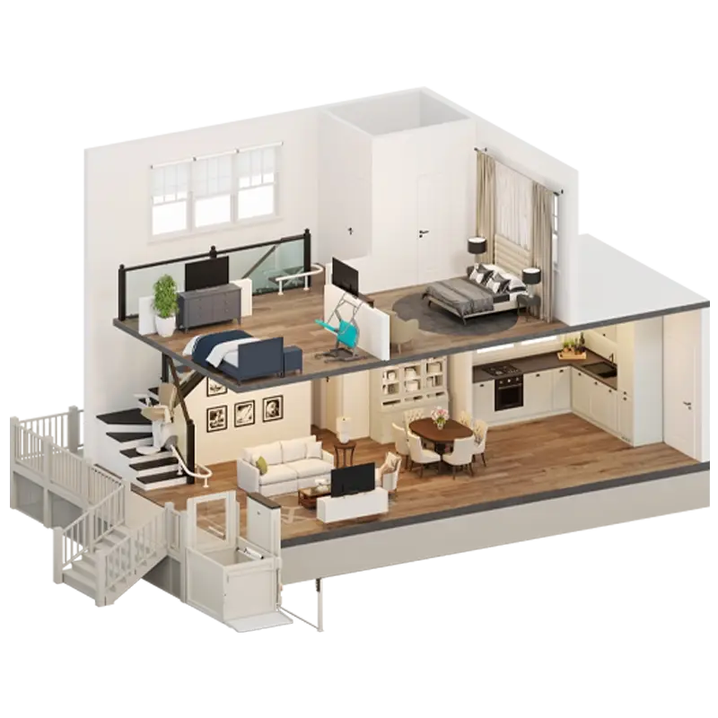 Cutaway view of a two‑level home featuring multiple accessibility solutions, including a vertical platform lift at the exterior entrance, an inclined platform lift on the staircase, and a through‑the‑floor lift connecting the upper and lower living areas.