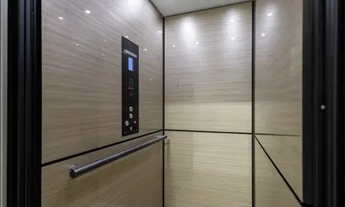 Luxury residential elevator interior with light wood‑grain wall panels, stainless steel control panel, horizontal handrail, and recessed LED ceiling lights for modern home accessibility.