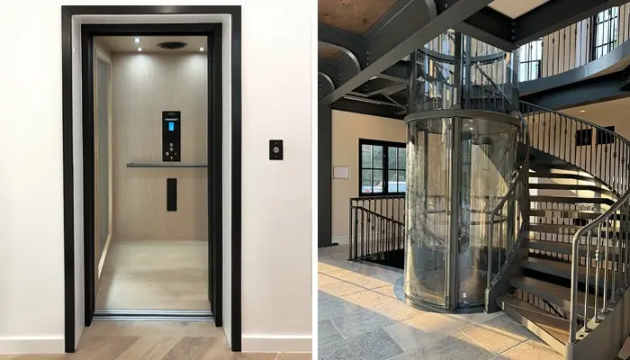 Side-by-side comparison of residential elevators, featuring a modern home lift interior with wood finishes and a cylindrical glass panoramic elevator installed in a contemporary open-concept home.