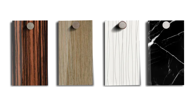 Luxury MDF color options including dark wood grain, light oak wood finish, white panel with silver strand texture, and black marble design with white veining.