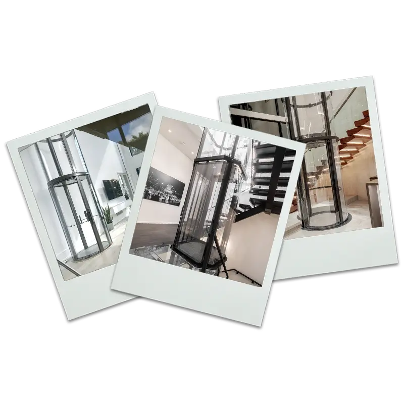Collage of panoramic glass residential elevators with cylindrical designs installed in modern multi‑level homes, showcasing luxury home elevator styles and transparent lift technology.