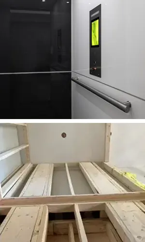 top image is of touchscreen COP and bottom image is of a hoistway for a home elevator